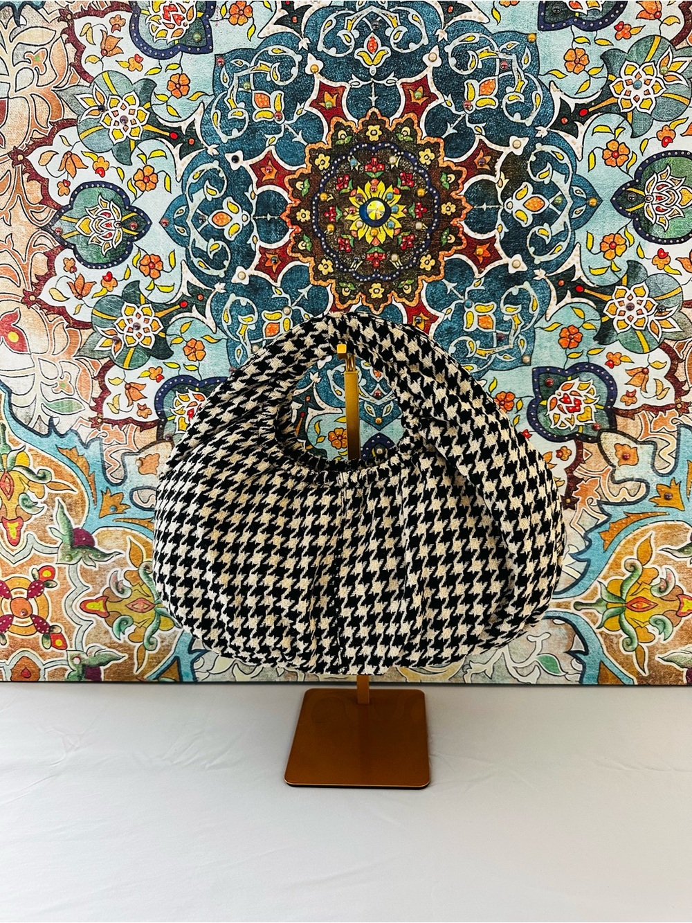 Giannini Black & Beige Houndstooth Slouch Hobo Handbag